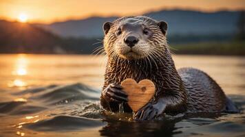 A cute otter holds a wooden heart while swimming in a serene sunset-lit environment. photo