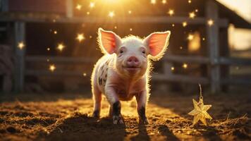 A cute piglet with sparkling effects in a sunlit farm setting. photo