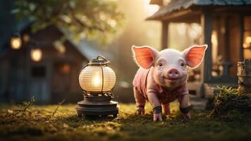 A cute piglet stands beside a lantern in a serene outdoor setting. photo