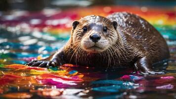 A playful otter in a colorful pool, showcasing its curious expression and vibrant surroundings. photo
