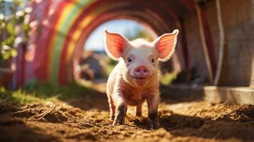 A cute piglet walking through a colorful tunnel in a farm setting. photo