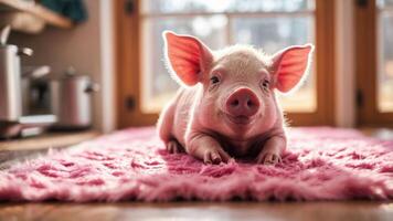 A cute piglet resting on a pink rug in a cozy indoor setting. photo