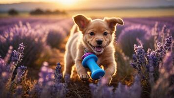 A playful puppy running through a lavender field during sunset. photo