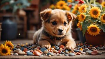 A cute puppy resting among colorful pebbles and vibrant sunflowers in a garden setting. photo