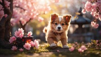 A playful puppy among blooming cherry blossoms in a serene garden setting. photo