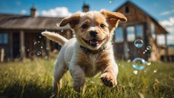 A joyful puppy running through grass with bubbles in a sunny outdoor setting. photo