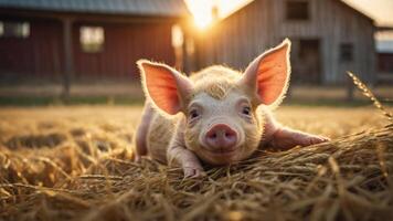A cute piglet resting on straw with a barn in the background during sunset. photo