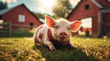 A cute piglet lounging on grass with red barns in the background. photo