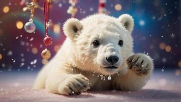 A cute polar bear cub surrounded by festive decorations in a snowy setting. photo