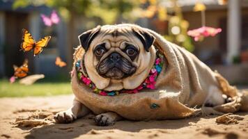 A pug wrapped in a blanket surrounded by butterflies in a sunny outdoor setting. photo