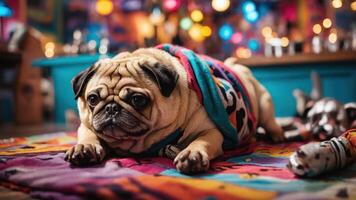 A relaxed pug draped in a colorful blanket, resting on a vibrant patterned rug. photo