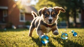 A playful puppy runs on grass, surrounded by colorful bubbles under sunlight. photo