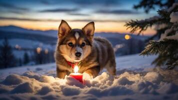 A playful dog in the snow with a candle at sunset, creating a warm winter scene. photo