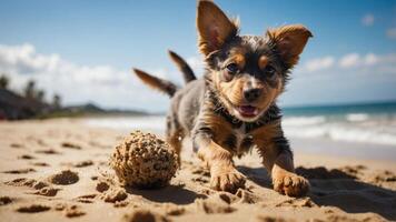 A playful puppy runs on the beach towards a textured ball, capturing a joyful moment. photo