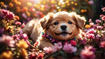 A cute puppy resting among colorful flowers, radiating joy and warmth. photo