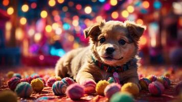 A playful puppy surrounded by colorful balls in a festive setting. photo