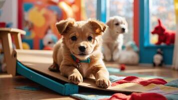 A playful puppy lounging on a ramp in a colorful, cheerful environment with other puppies. photo