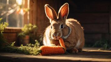 A fluffy rabbit munching on a bright carrot in a cozy setting. photo