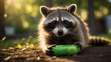 A raccoon curiously examines a green object in a sunlit outdoor setting. photo