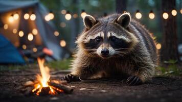 A raccoon near a campfire in a forest setting, with string lights in the background. photo
