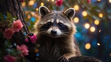 A raccoon perched on a tree branch surrounded by flowers and soft glowing lights. photo