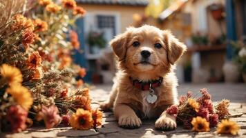 A playful puppy rests among colorful flowers in a charming outdoor setting. photo