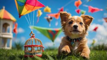 A playful puppy surrounded by colorful kites in a sunny outdoor setting. photo