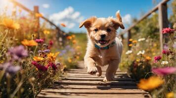 A joyful puppy running through a colorful flower-filled path on a sunny day. photo