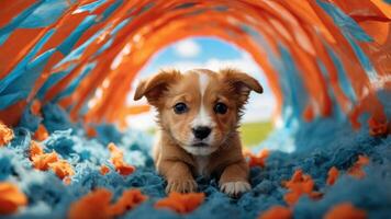 A playful puppy exploring a colorful, textured tunnel of fabric. photo