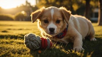 A playful puppy lying on grass with a colorful toy, basking in sunlight. photo