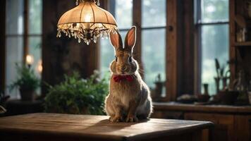 A rabbit sitting on a wooden table under a vintage lamp in a cozy setting. photo