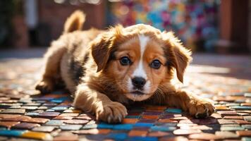 A playful puppy lying on a colorful stone surface, showcasing its curious expression. photo