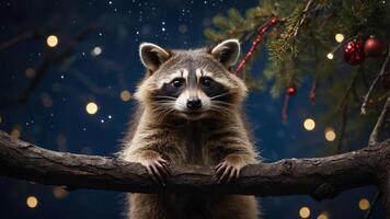 A raccoon perched on a branch, surrounded by festive decorations and soft lights. photo