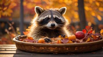 A raccoon sits in a basket filled with autumn leaves and fruits, surrounded by a colorful backdrop. photo
