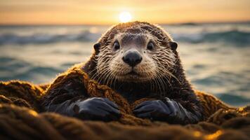 A playful otter wrapped in seaweed at sunset, showcasing nature's beauty and wildlife. photo