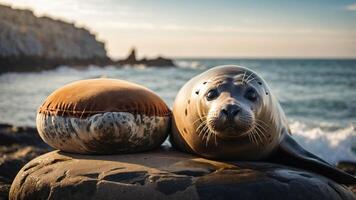 A seal resting beside a round rock on a beach, with ocean waves in the background. photo