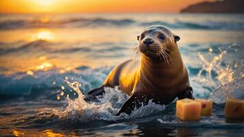 A seal playfully splashes in the ocean at sunset, surrounded by floating pieces of cheese. photo