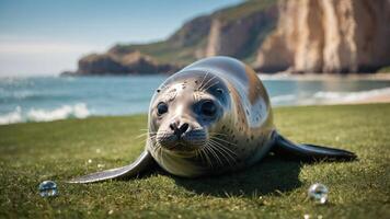 A seal resting on grassy land near the ocean, with cliffs in the background. photo
