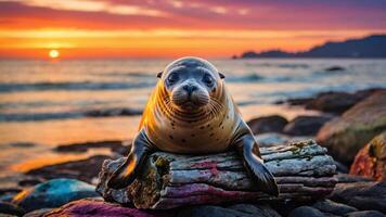 un sello encaramado en un vistoso Iniciar sesión a puesta de sol por el océano. foto