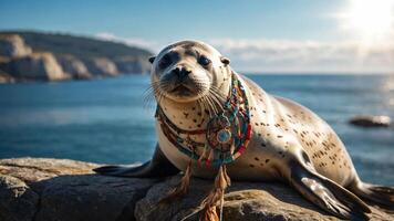 A seal adorned with colorful beads rests on a rock by the ocean. photo