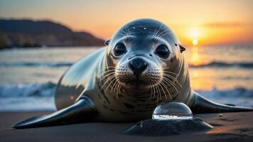 A close-up of a seal resting on the beach at sunset, with a bubble in front of it. photo