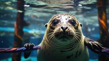 un curioso sello mirando mediante agua, exhibiendo sus juguetón naturaleza en un acuario ajuste. foto