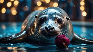 A seal in water holding a colorful object, illuminated by soft lights in the background. photo