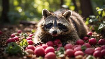 A raccoon surrounded by red radishes in a forest setting. photo