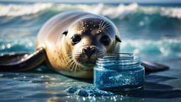 A seal curiously interacts with a jar of blue glitter on a beach. photo