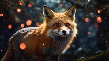 A close-up of a smiling fox amidst a mystical forest backdrop with glowing particles. photo