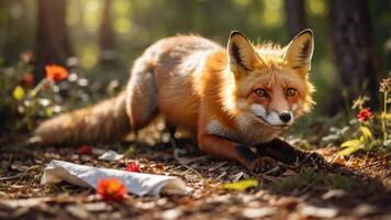 A fox crouches in a forest, surrounded by flowers and a piece of paper on the ground. photo