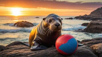 A sea lion rests on rocks by the ocean, playfully interacting with a colorful beach ball at sunset. photo