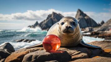 A seal resting on rocks near the ocean, with a red ball in front of it. photo