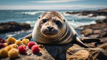 A seal resting on rocks by the ocean, surrounded by colorful berries. photo